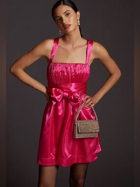Anthropologie Maeve Hot Pink Satin Bow-Waist Mini Dress